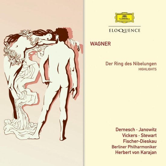 Albumhoes voor Wagner: Der Ring des Nibelungen Highlights, met artwork van een man en vrouw.