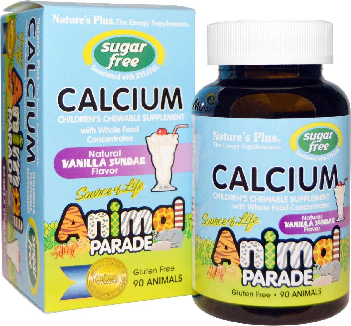 Calcium, Sugar Free, Natural Vanilla Sundae Flavor (90 Animals) - Nature's Plus