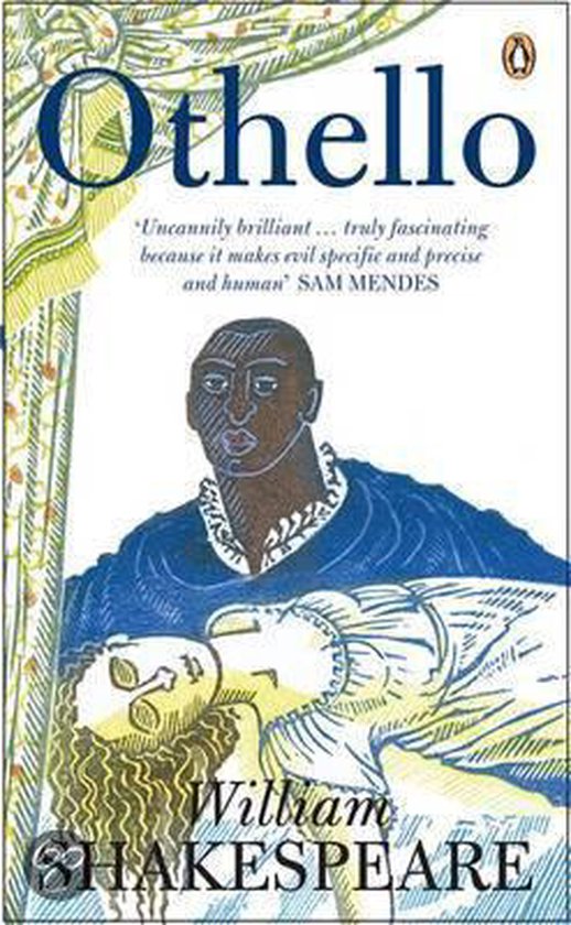 Boekcover van 'Othello' van William Shakespeare met een illustratie van Othello die Desdemona vasthoudt. De titel 'Othello' staat bovenaan in blauwe letters.