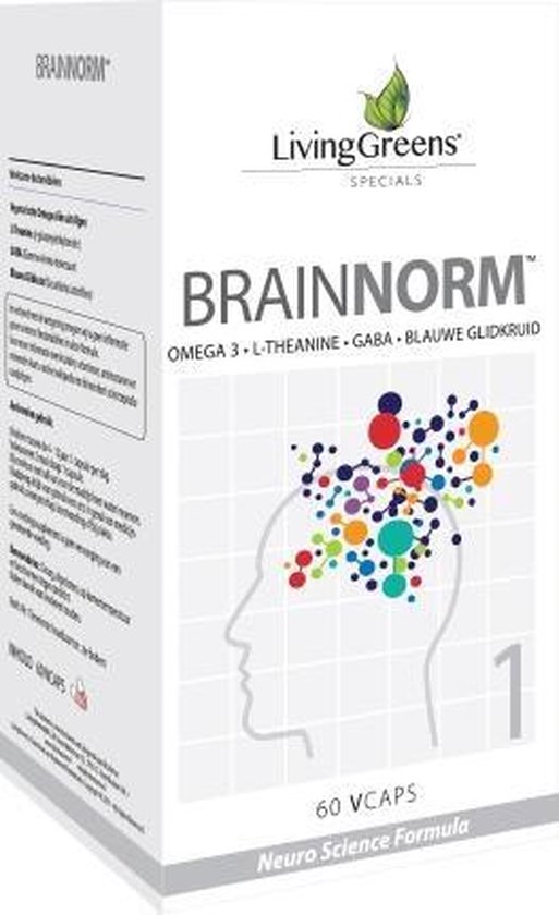 Livinggreens Brainnorm 60 capsules, L-theanine, Gaba, Omega 3,blauw glidkruid, focus,concentratie