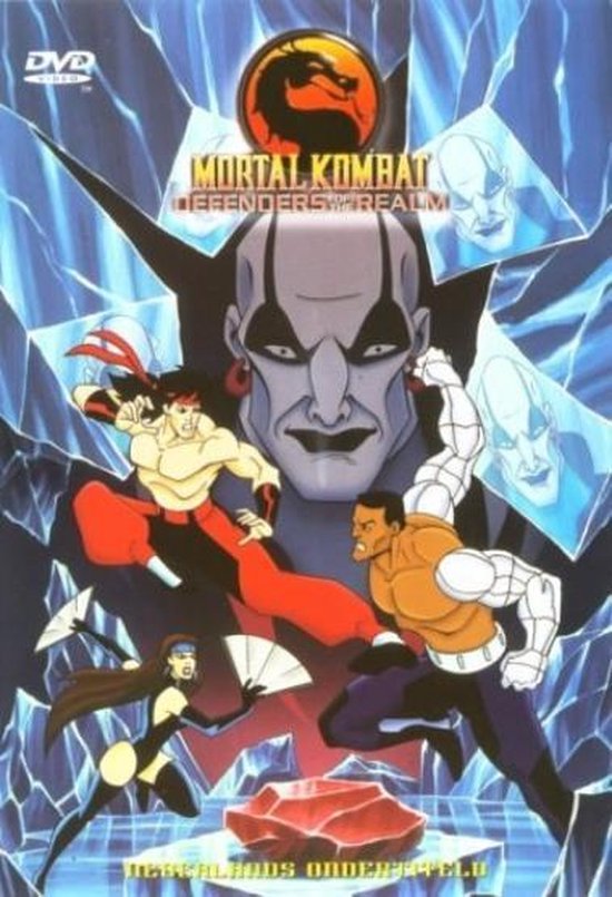 DVD hoes van Mortal Kombat Defenders of the Realm, met Liu Kang, Sonya Blade, Jax en Shang Tsung op een ijzige achtergrond. Mortal Kombat logo boven.