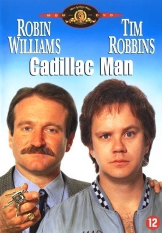 Filmaffiche Cadillac Man met Robin Williams en Tim Robbins. Robin Williams houdt autosleutels vast.