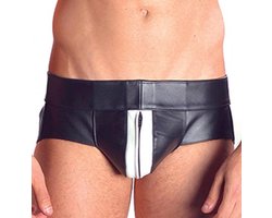 Mister B - leren power Jock Strap Zwart met wtite bies - xl