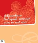 Oranje krulpatronen op rode achtergrond. Tekst: Schaamhaar: biologisch ontsnapt men er niet aan!