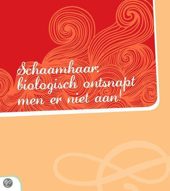 Oranje krulpatronen op rode achtergrond. Tekst: Schaamhaar: biologisch ontsnapt men er niet aan!