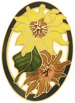 Behave Dames Broche ovaal bloemen geel bruin zwart - emaille sierspeld - sjaalspeld 5 cm