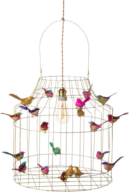 Hanglamp goud | met gekleurde vogeltjes nét echt