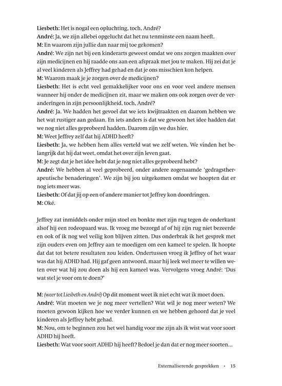 Pagina met een dialoog uit het boek 'Narratieve therapie in de praktijk'.