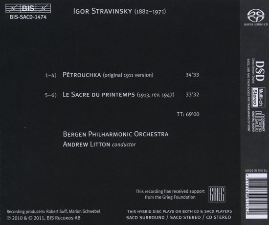 Achterkant albumhoes met tracklist, BIS-SACD-1474, DSD SUPER AUDIO CD en barcode.