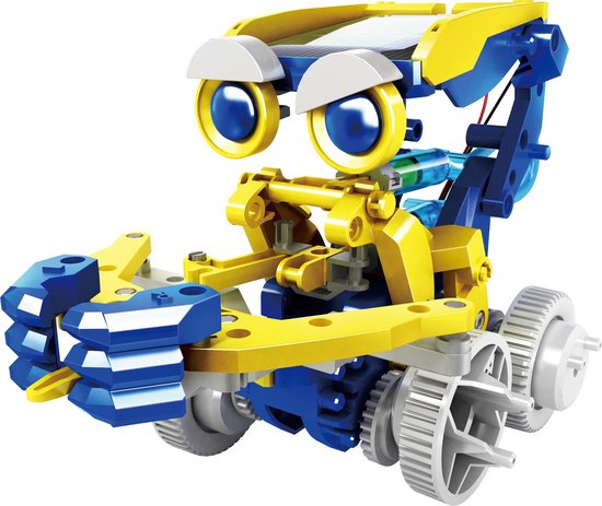 Blauw-gele robot met grote blauwe ogen, wielen, grijpklauwen en een zonnepaneel op de kop.