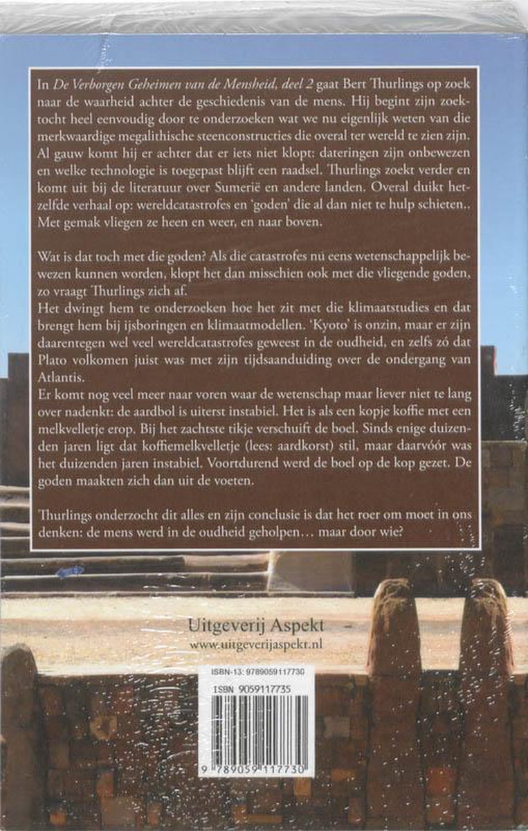 Achterkant van het boek 'DE VERBORGEN GEHEIMEN VAN DE MENSHEID DEEL 2' met tekst en een afbeelding van trappen.
