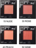 Maybelline Fit Me Blush in 4 tinten: 15 Nude, 30 Rose, 40 Peach en 50 Wine.