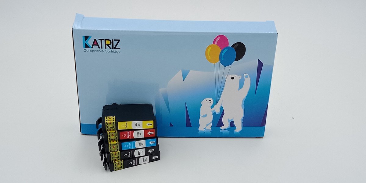 KATRIZ® huismerk inkt voor Epson 2x T2991XL Zwart  + 1x T2992XL Cyaan + 1x T2993XL Magenta + 1x T2994XL Geel | XP 235 / XP 245 / XP 247 / XP 332 / XP 335 / XP 342 / /XP 345 / XP 432 / XP 435 / XP 442 / XP 445 | (5stuks)  | Met chip