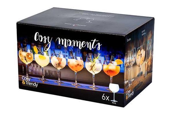 Doos met 6 'Cozy Moments' cocktailglazen, met afbeeldingen van gevulde glazen.
