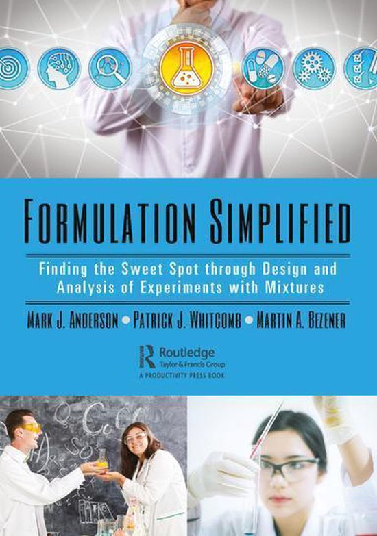 Couverture de livre : Formulation Simplified, avec icônes scientifiques, expériences chimiques et chercheurs en labo.