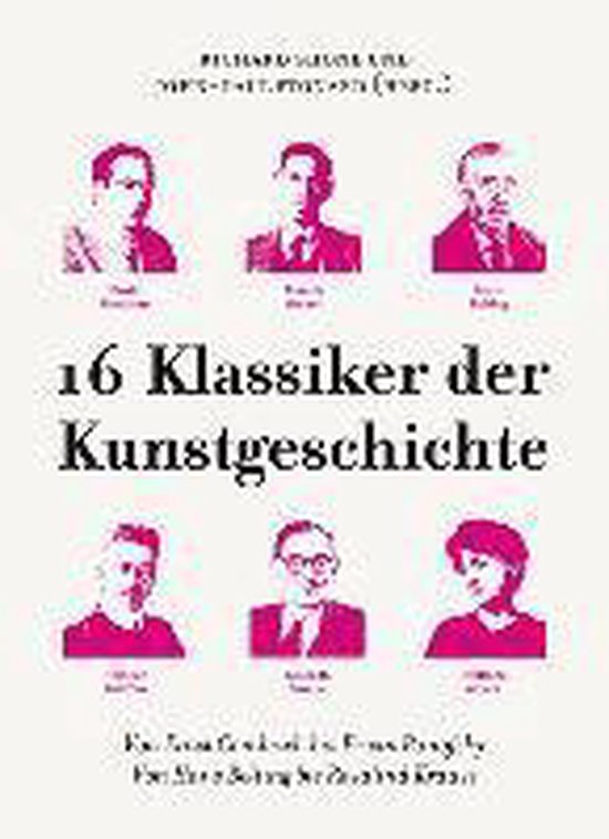 Boekomslag met de titel '16 Klassiker der Kunstgeschichte' in het midden, omringd door zes roze portretten van mannen.
