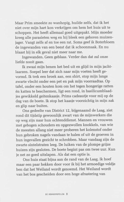 Tekstpagina uit De Hongerspelen met paginakop 'DE HONGESPELEN 8'. Geen afbeeldingen.