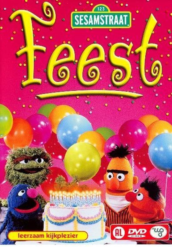 Sesamstraat Feest DVD met Oscar, Koos, Bert, Ernie en een taart met brandende kaarsen. Veel gekleurde ballonnen op de achtergrond.