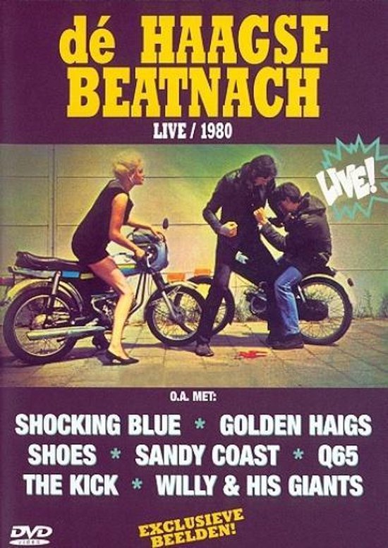Vintagedvdhoes met tekst 'Dé Haagse Beatnach Live / 1980'. Drie personen op en rond motoren.