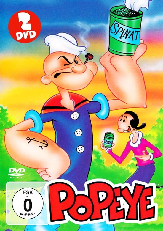 Popeye en Olive Oyl met blikken spinazie. Op de voorkant staat 'Popeye' en '2 DVD'.