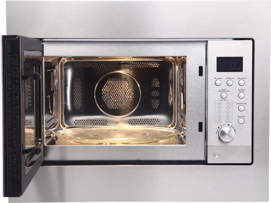 Inbouwmagnetron met open deur, gloeiend interieur, glazen draaiplateau en bedieningspaneel.