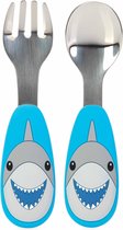 Nûby - Peuterbestek uit roestvrij staal met silicone handvat - Blauw - Haai - 12m+