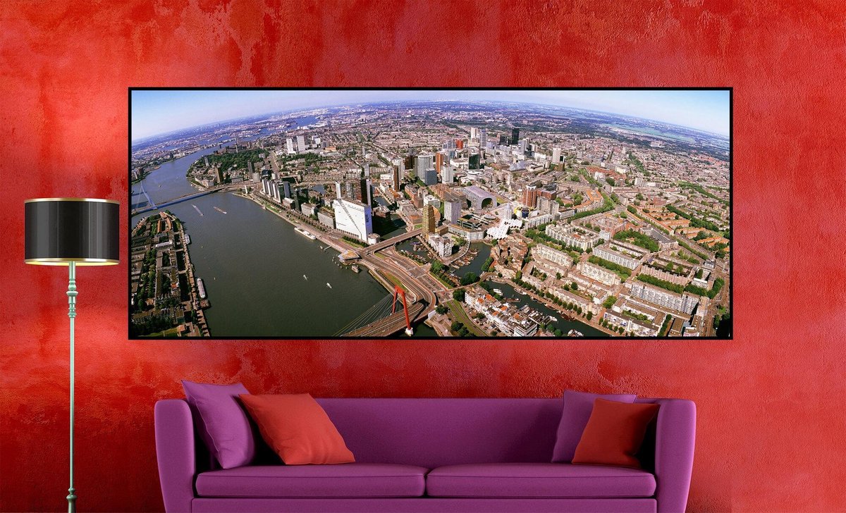 Rotterdam in Panorama | 200 x 90 cm | Foto op Canvas | Luchtfoto | Wanddecoratie | Skyline | Bijzonder Gedetailleerd