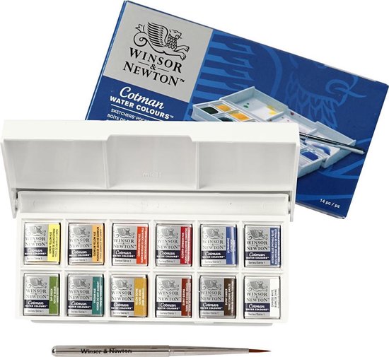 Winsor & Newton Cotman Sketchers Pocket Box Aquarelset 12 halve napjes + penseel