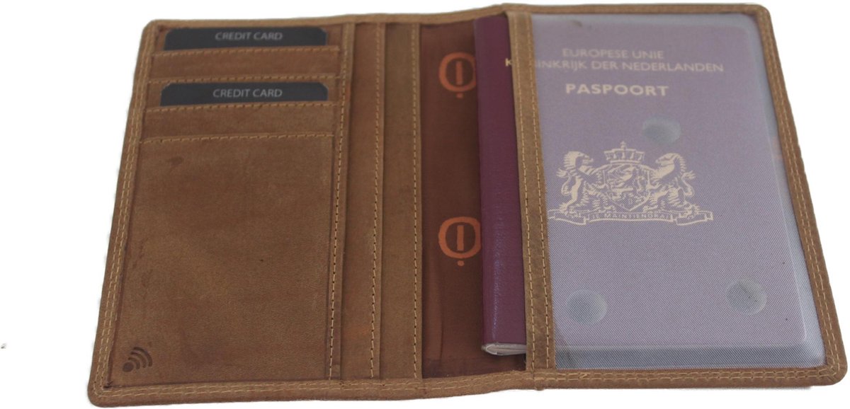 OI Hunter bruin lederen Paspoort mapje / cover voor paspoort met ruimte voor extra pasjes / paspoort houder / Anti skim / Hunter bruin leer / 154H