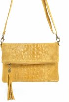 Lederen Suède Schoudertasje Clutch Okergeel Croco