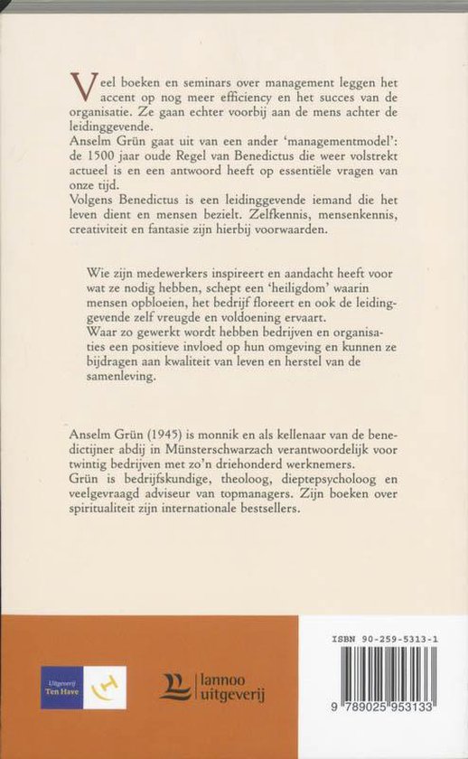 Achterkant boek "Bezielend leidinggeven" door Anselm Grün, met tekst en uitgeverslogo's.