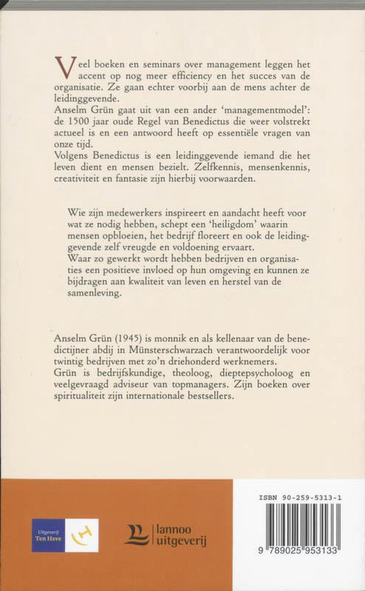Achterkant boek "Bezielend leidinggeven" door Anselm Grün, met tekst en uitgeverslogo's.