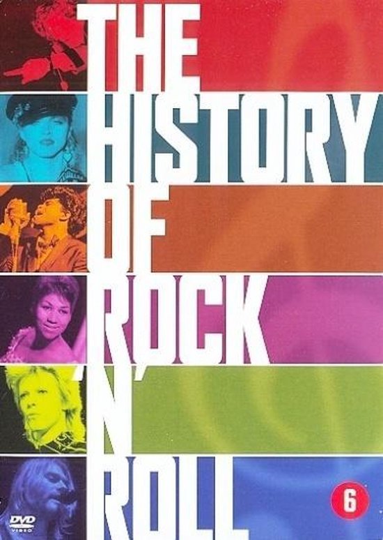 De geschiedenis van rock 'n roll dvd box met portretten van diverse artiesten.