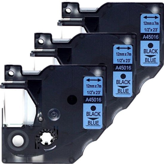 3x D1 standaard labels Dymo 45016 Zwart op blauw / 12mm x 7m / Compatibele met Dymo LabelManager 360D