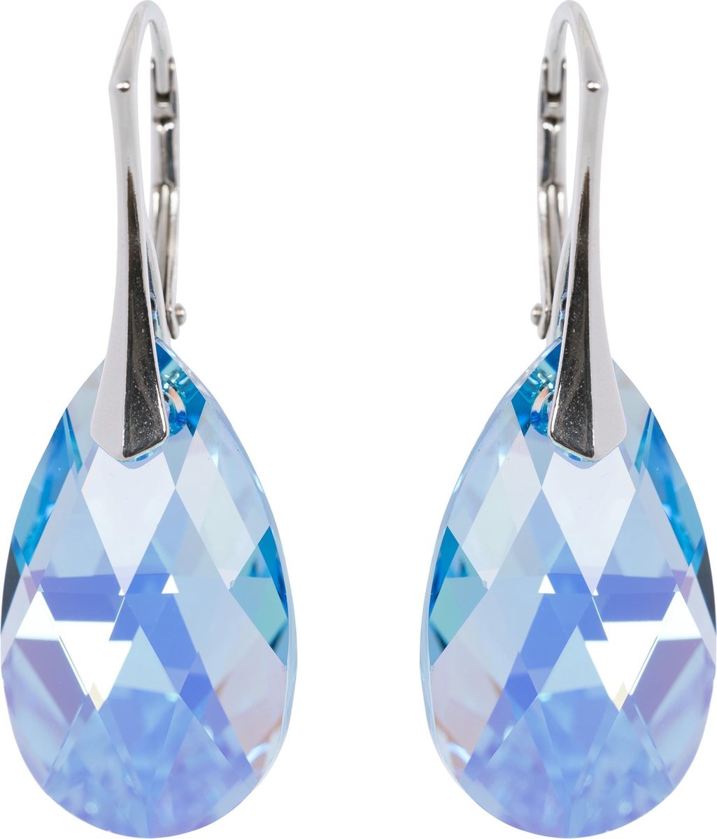 DBD - Zilveren Oorbellen - Druppel - Swarovski Kristal Elements - Aquamarijn Blauw AB - 22MM - Anti Allergisch