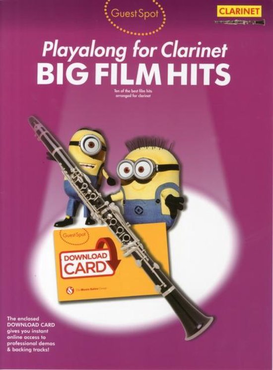 Muziekboek Big Film Hits voor klarinet met twee Minions op een paarse achtergrond en een downloadkaart.