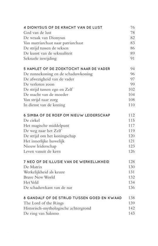 Inhoudsopgave met hoofdstuktitels zoals 'Dionysus of de kracht van de lust', 'Hamlet' en 'Simba'.