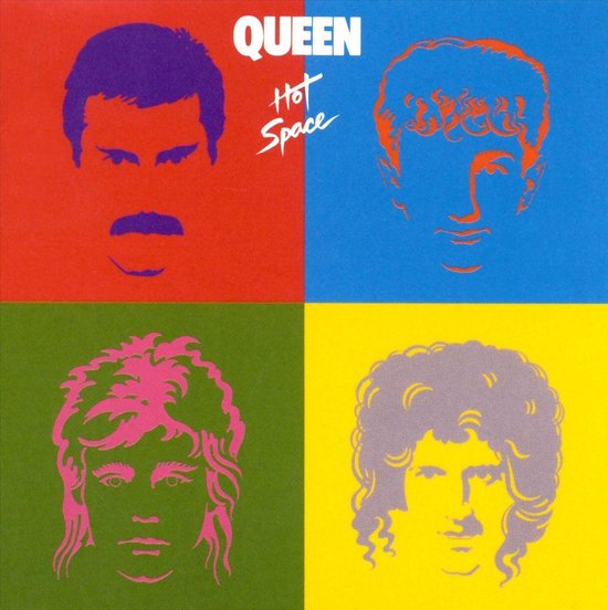 Albumhoes met vier portretten: boven rood, links met paars gezicht, rechts met blauw gezicht. Beneden groen, links met roze gezicht, rechts met geel gezicht.