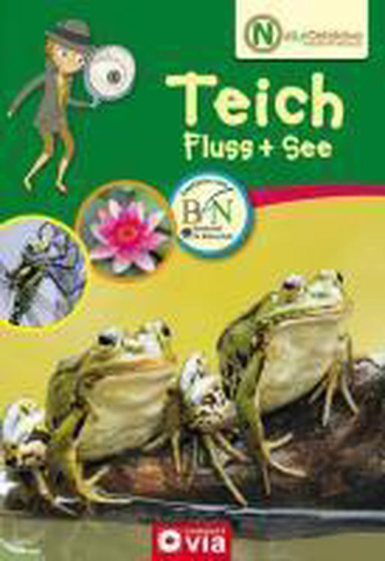 Boek "Naturdetektive Teich, Fluss + See" met illustraties van kikkers, een waterlelie, een libel en een detectivefiguur.