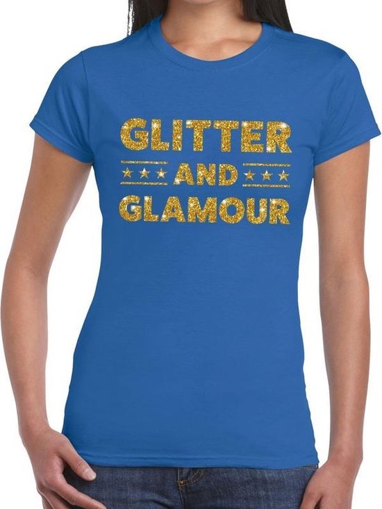 Glitter and Glamour gouden glitter tekst tshirt blauw dames dames