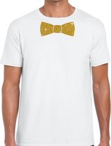 Wit fun t-shirt met vlinderdas in glitter goud heren L