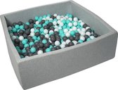 Ballenbak vierkant - grijs - 120x120x40 cm - met 900 wit, grijs en turquoise ballen