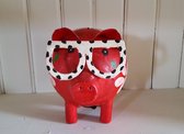 Home & Deco Metalen spaarpot varken rood met bril - 18x13x14 cm
