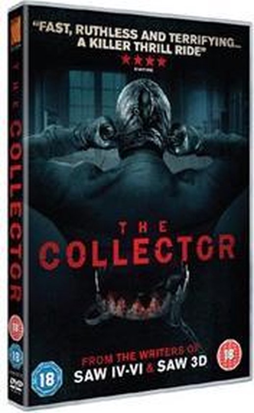 De achterkant van een DVD-hoes van "The Collector". Een figuur met een bebloed masker en handschoenen, dat de nek lijkt te verstikken. De titel "THE COLLECTOR" is prominent aanwezig in rode letters.