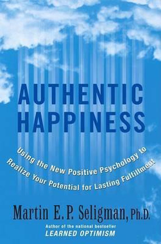 Boekomslag van Authentic Happiness, met blauwe luchten en tekst over positieve psychologie.