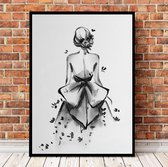 Postercity - Design Canvas Poster Zwart-Wit Bruid met Vlinders / Muurdecoratie / 40 x 30cm / A3