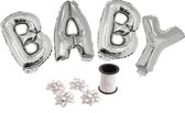 Folie ballonset zilver met letters BABY 41 cm + geschenklint 10m met 4 witte strikken