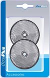 Verpakking met twee witte, ronde ProPlus reflectoren met rasterpatroon en schroefgat.