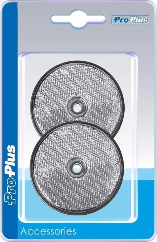 Verpakking met twee witte, ronde ProPlus reflectoren met rasterpatroon en schroefgat.