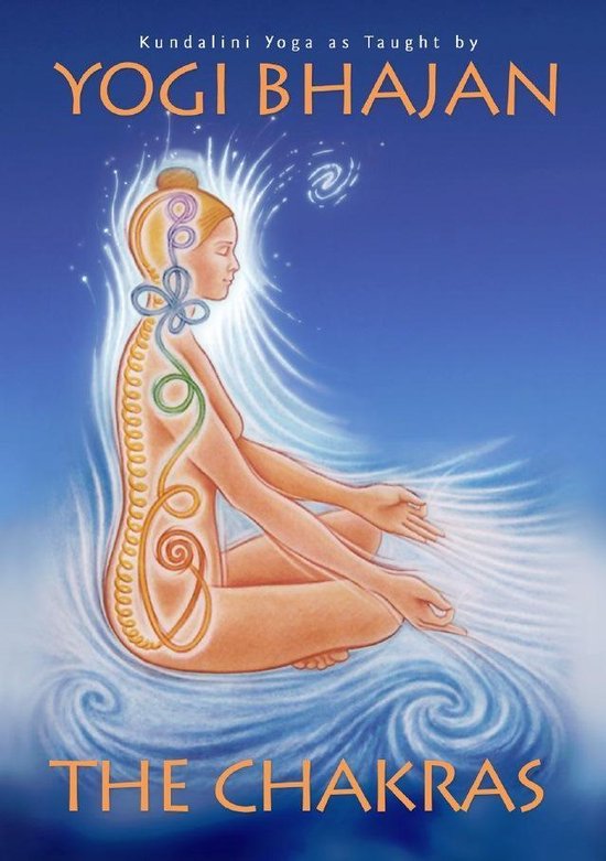 Illustratie van een vrouw in meditatiehouding, met de chakra's aangegeven, met de tekst 'Kundalini Yoga as Taught by Yogi Bhajan' en 'The Chakras'.